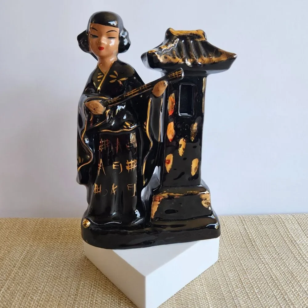Vintage Geisha Candle Holder Kreiss & Co Japan Black Gold Pagoda Ceramic